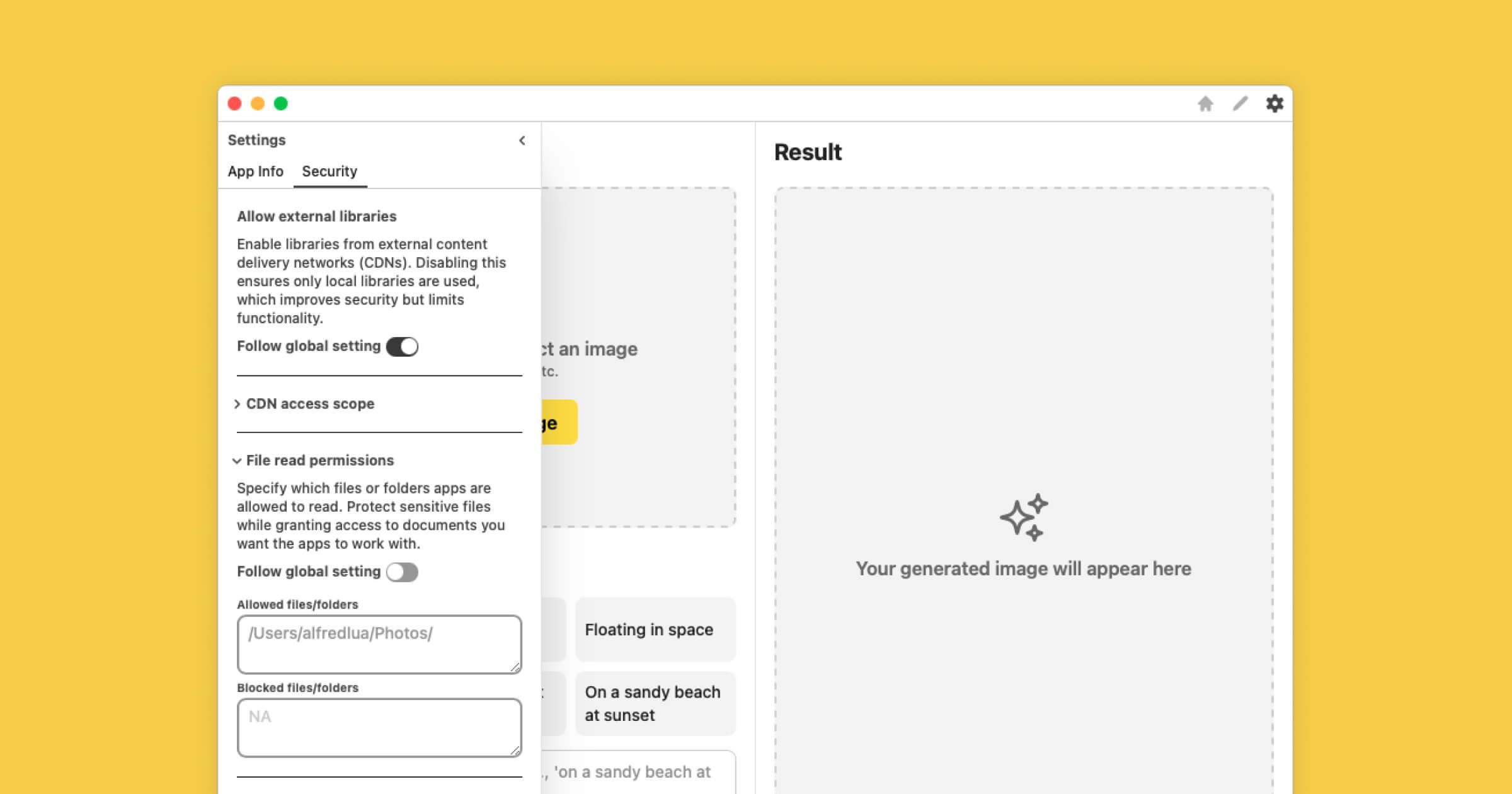 Specifying the Photos folder in the security settings